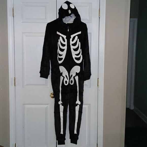 Skeleton glow in the dark hooded costume Soft and fuzzy warm Zipper front Sz S - Picture 1 of 5